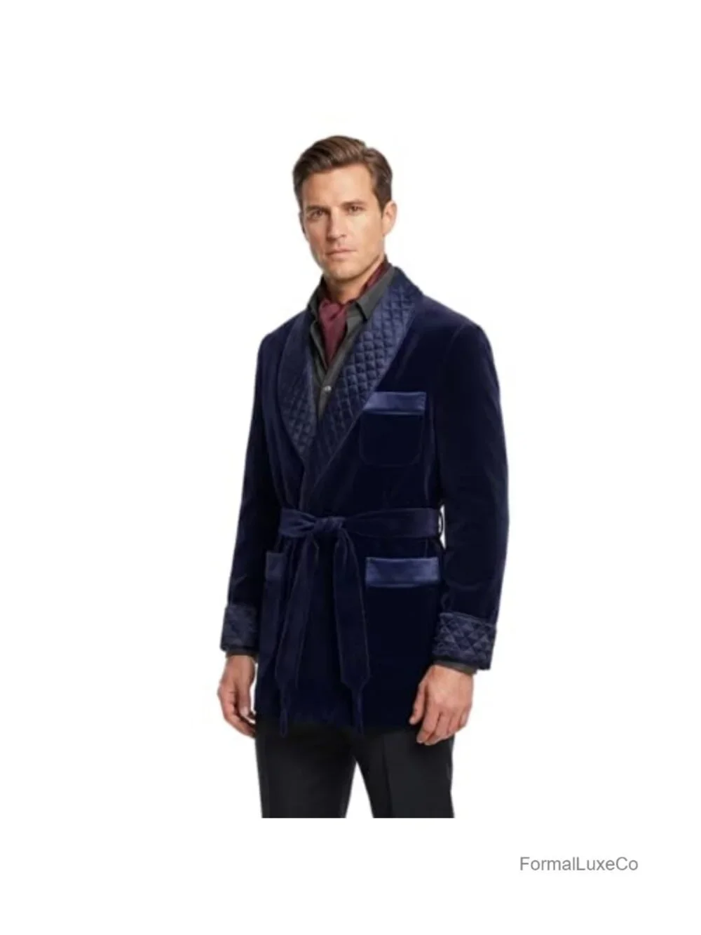 Men's Velvet Smoking Jacket with Quilted Shawl Collar & Belt